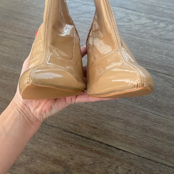 NWT BURJU Tan Patent Leather Pointed Toe Rose Gold Sparkly Heel Booties - Picture 8 of 12